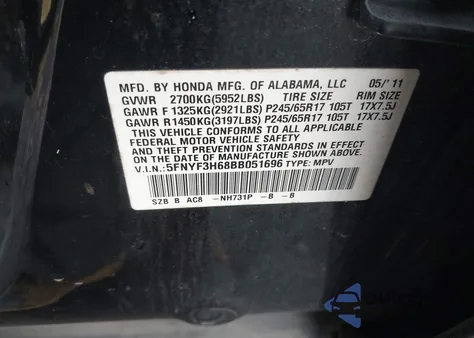 2011 Honda Pilot Ex-L из США, поврежденный, VIN 5FNYF3H68BB051696